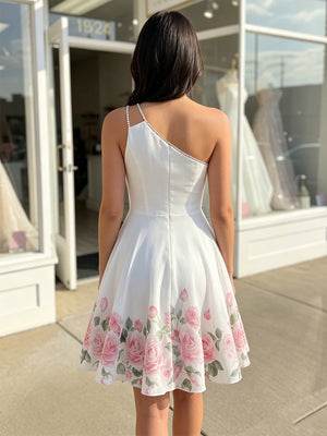 Satin A Line One Shoulder Floral Print Ruched Homecoming Dresses