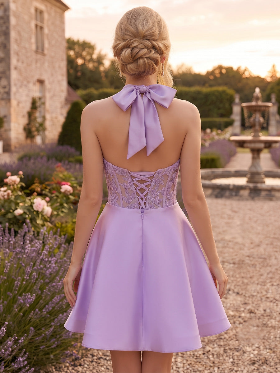 Lace Appliques A Line Halter Cutout Bodice Homecoming Dresses