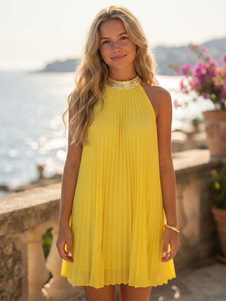 Chiffon A Line Halter Pleats Backless Homecoming Dresses