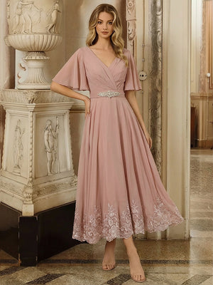 A Line Short Sleeves V Neck Mother of the Bride Dresses with Lace Appliques