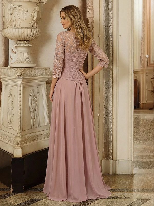 A Line 3/4 Sleeves Lace Ruched High Low Chiffon Mother of the Bride Dresses