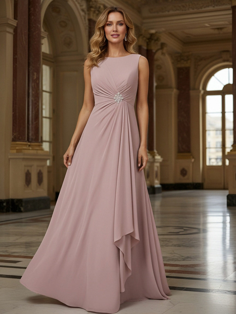 Crew Neck Ruffles Sleeveless Mother of the Bride Dresses with Beadings