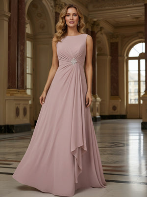 Crew Neck Ruffles Sleeveless Mother of the Bride Dresses with Beadings