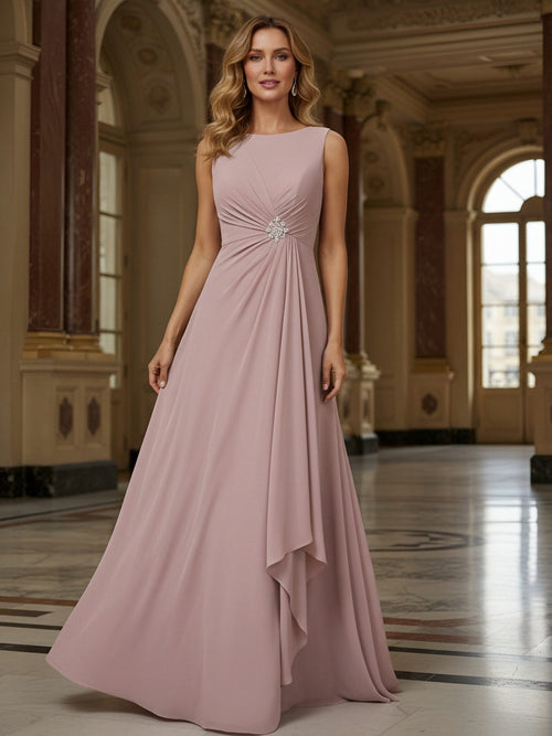 Crew Neck Ruffles Sleeveless Mother of the Bride Dresses with Beadings