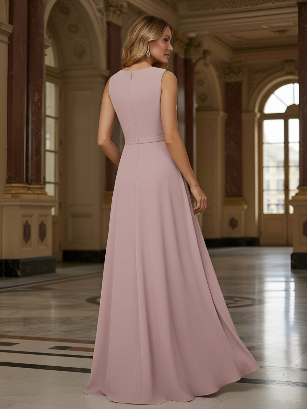 Crew Neck Ruffles Sleeveless Mother of the Bride Dresses with Beadings