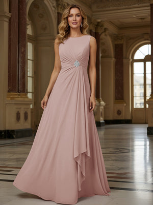 Crew Neck Ruffles Sleeveless Mother of the Bride Dresses with Beadings
