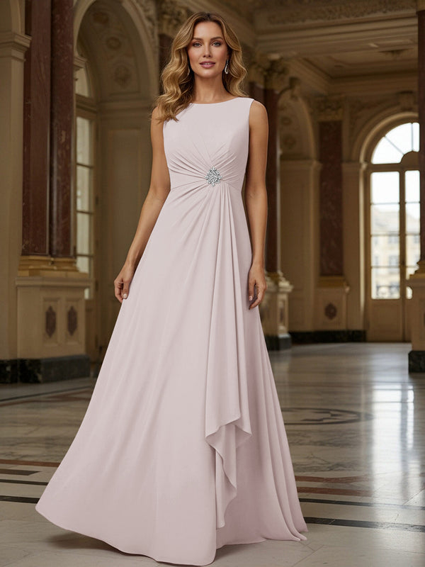 Crew Neck Ruffles Sleeveless Mother of the Bride Dresses with Beadings