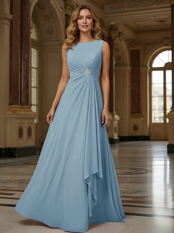 Crew Neck Ruffles Sleeveless Mother of the Bride Dresses with Beadings