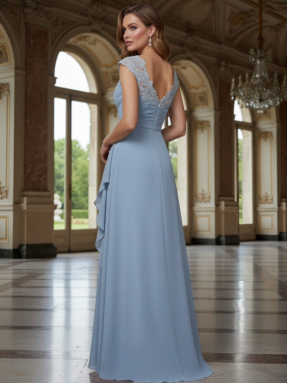 Lace Applique V Neck Ruffles Sleeveless Mother of the Bride Dresses