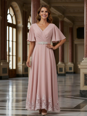 V Neck Short Sleeves Lace Applique Mother of the Bride Dresses with Beads