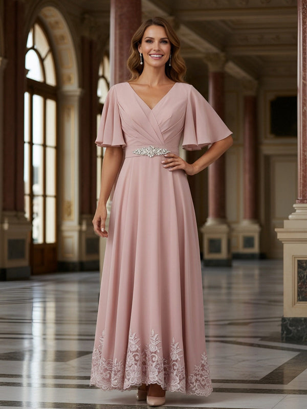 V Neck Short Sleeves Lace Applique Mother of the Bride Dresses with Beads