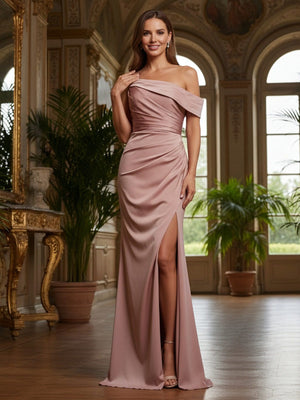 Satin Off the Shoulder Mermaid Formal Dresses with Slit