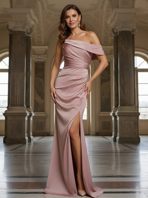 Satin Off the Shoulder Mermaid Formal Dresses with Slit