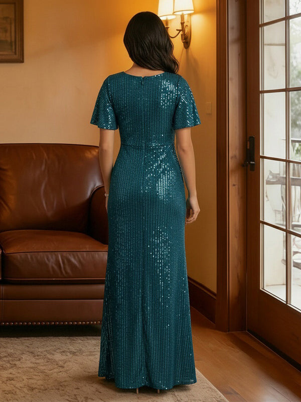 Scoop Neck Sequin Short Sleeves Mother of the Bride Dresses with Slit