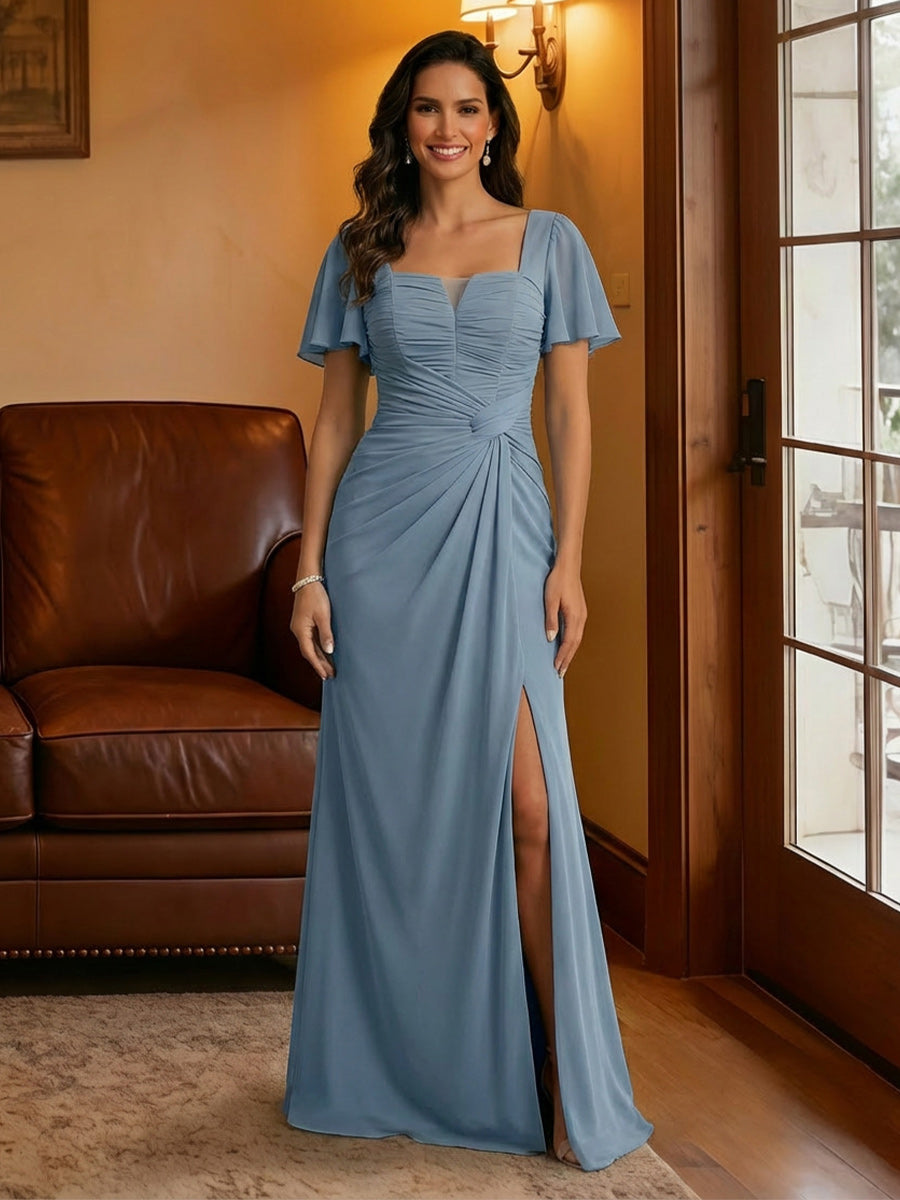 Chiffon Square Neck Pleated Mother of the Bride Dresses with Slit