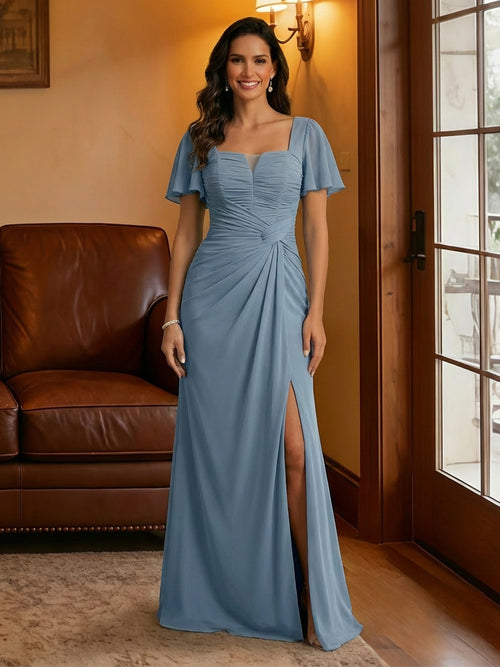 Chiffon Square Neck Pleated Mother of the Bride Dresses with Slit