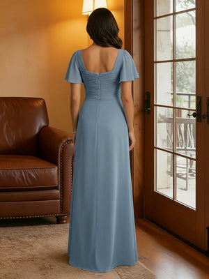 Chiffon Square Neck Pleated Mother of the Bride Dresses with Slit