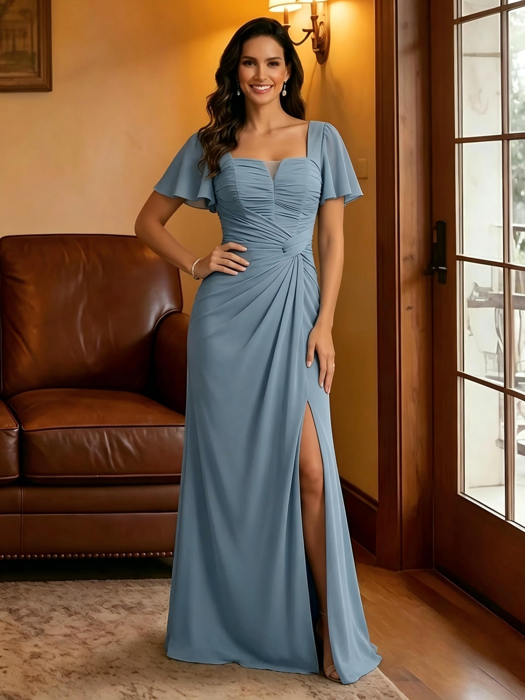 Chiffon Square Neck Pleated Mother of the Bride Dresses with Slit