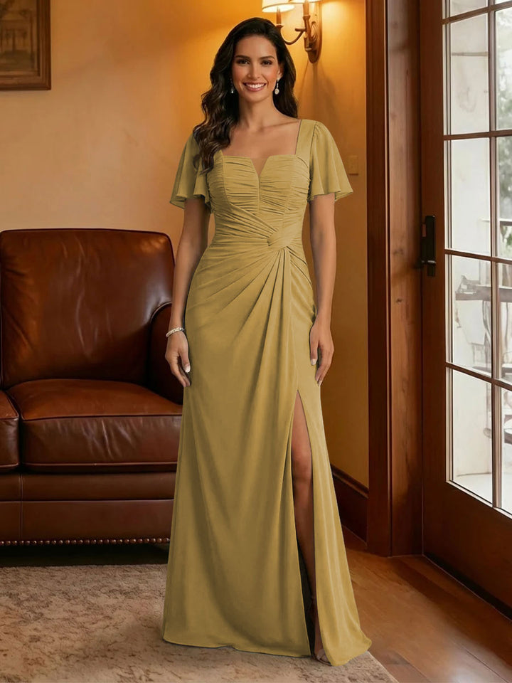 Chiffon Square Neck Pleated Mother of the Bride Dresses with Slit