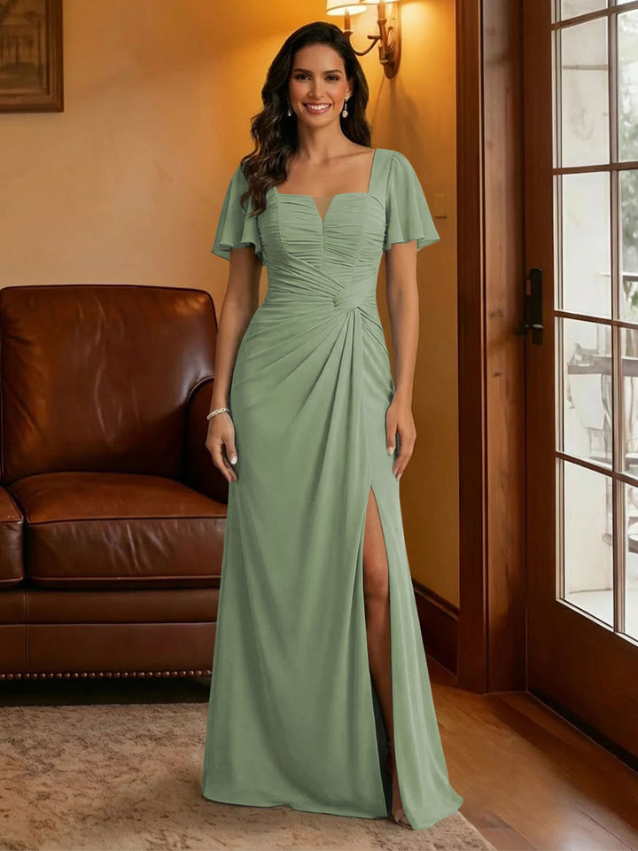 Chiffon Square Neck Pleated Mother of the Bride Dresses with Slit