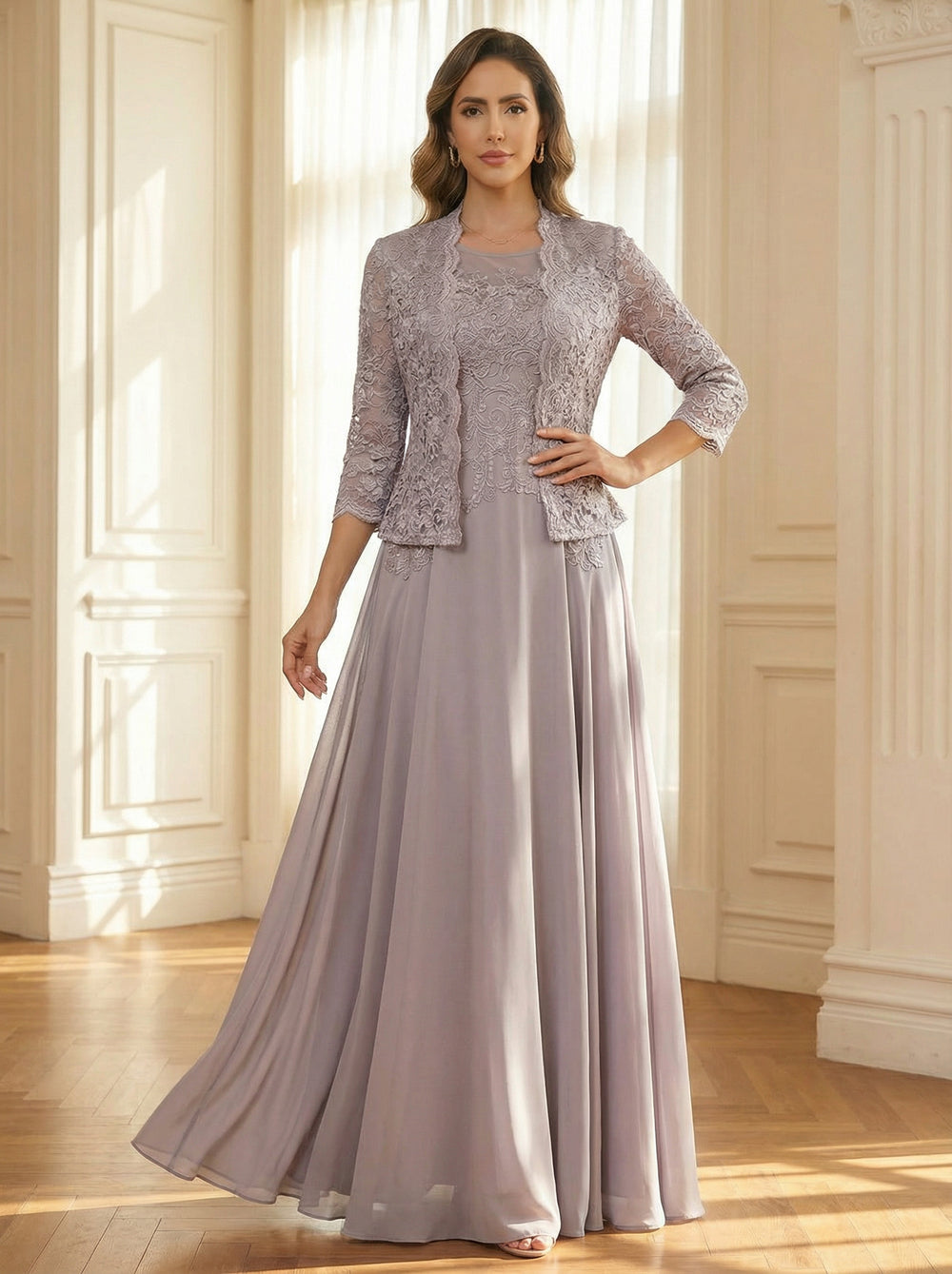 Chiffon Scoop Neck Lace Appliques Mother of the Bride Dresses with Jackets