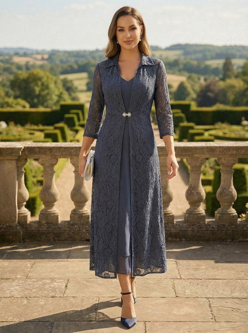 Satin V Neck Lace Appliques Mother of the Bride Dresses with Jackets