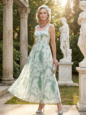 Mother of the Bride & Groom Dress Wedding Guest Gown A Line Corset Pleats Square Neck Chiffon