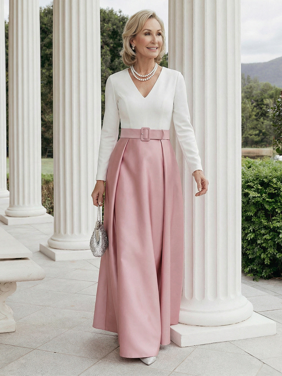 Mother of the Bride & Groom Dress Wedding Guest Gown A Line Corset Pleats V Neck Satin