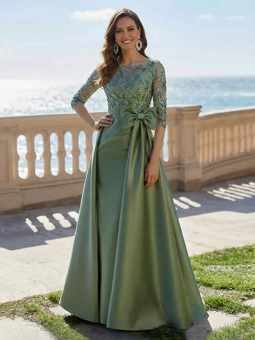 Mother of the Bride & Groom Dress Wedding Guest Gown A Line Corset Scoop Neck Satin Laces