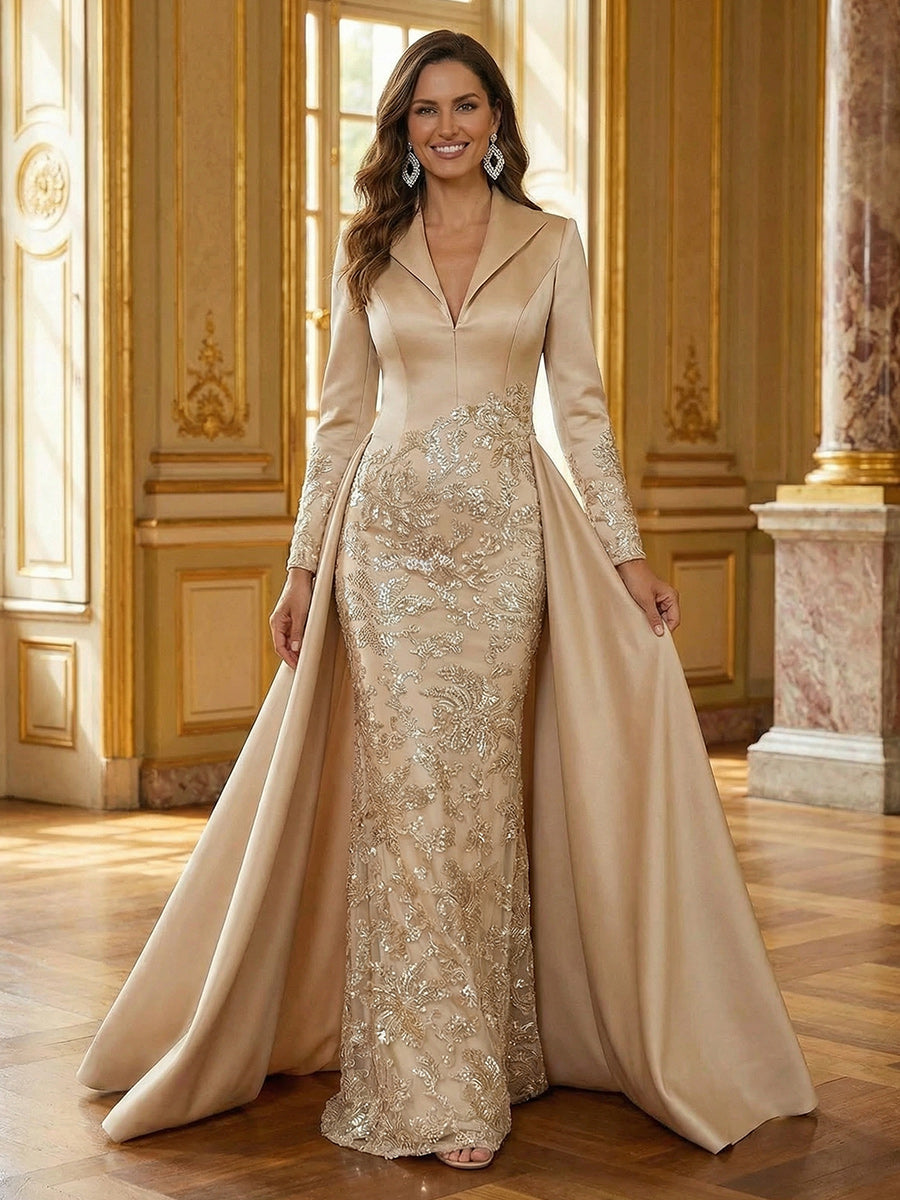 Mother of the Bride & Groom Dress Formal Gown Corset V Neck Layered Satin