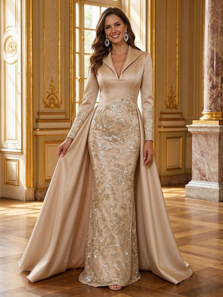 Mother of the Bride & Groom Dress Formal Gown Corset V Neck Layered Satin