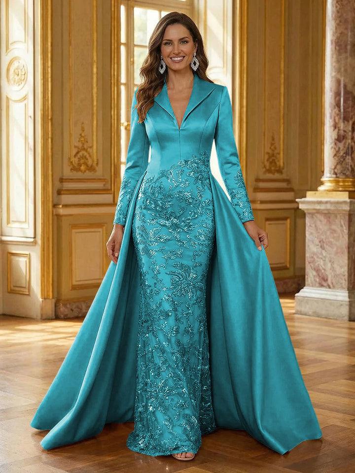 Mother of the Bride & Groom Dress Formal Gown Corset V Neck Layered Satin