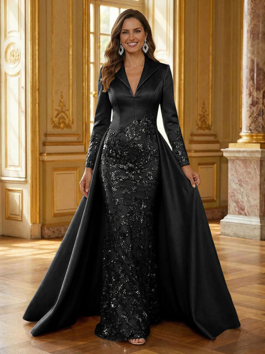 Mother of the Bride & Groom Dress Formal Gown Corset V Neck Layered Satin