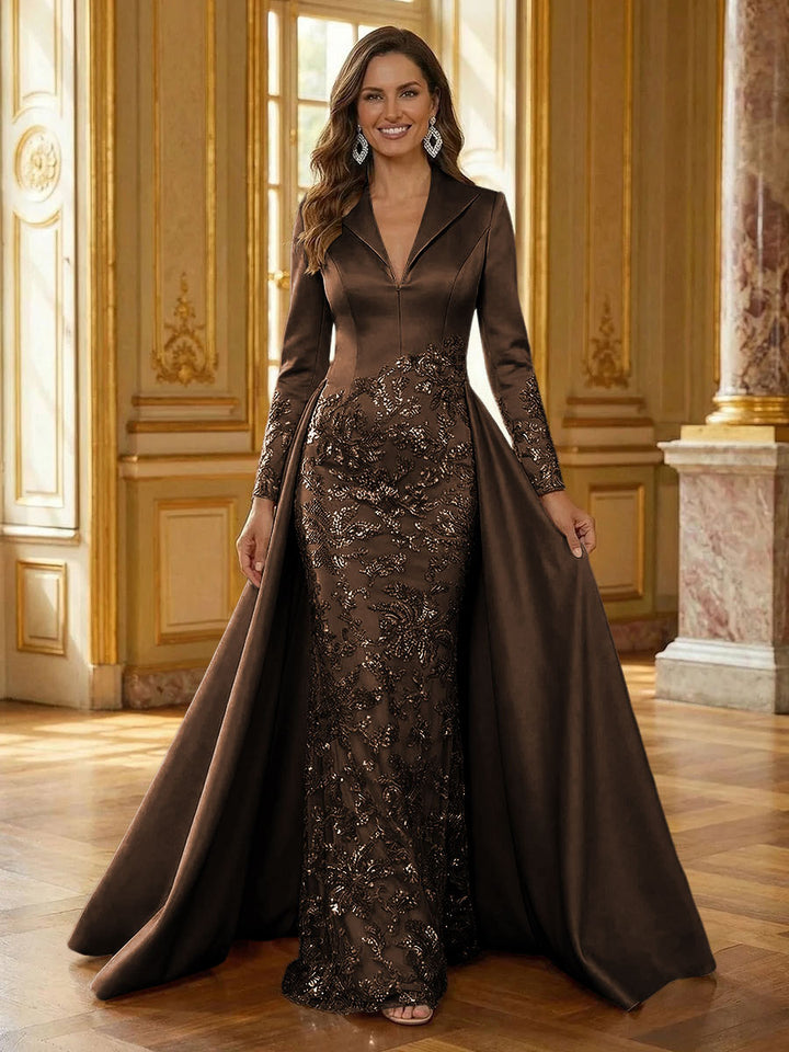 Mother of the Bride & Groom Dress Formal Gown Corset V Neck Layered Satin