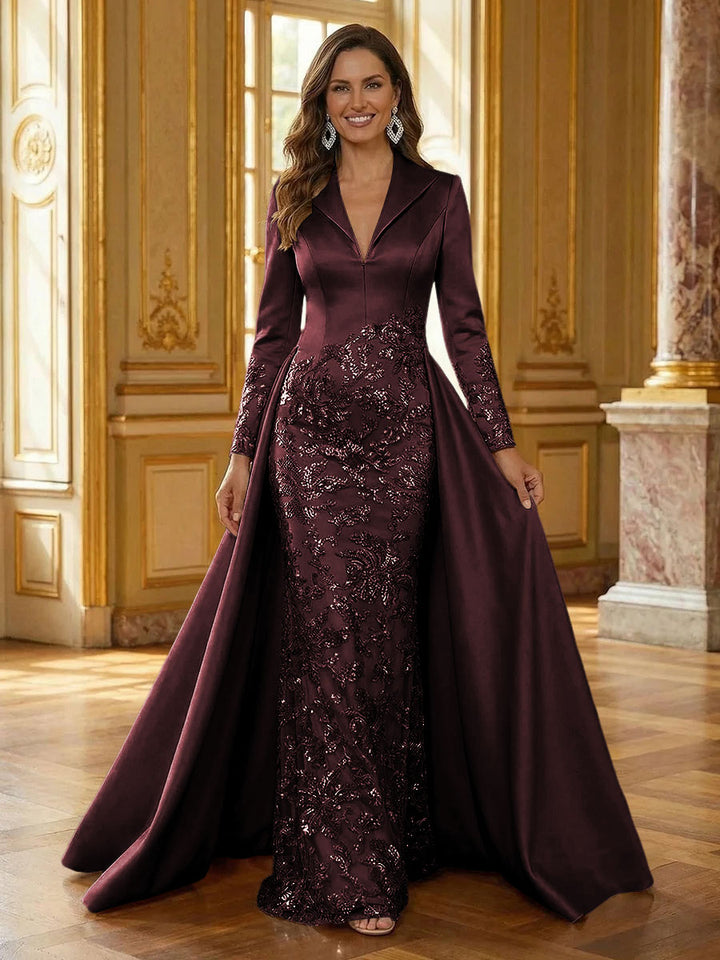 Mother of the Bride & Groom Dress Formal Gown Corset V Neck Layered Satin