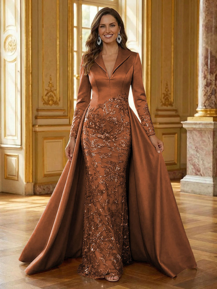 Mother of the Bride & Groom Dress Formal Gown Corset V Neck Layered Satin