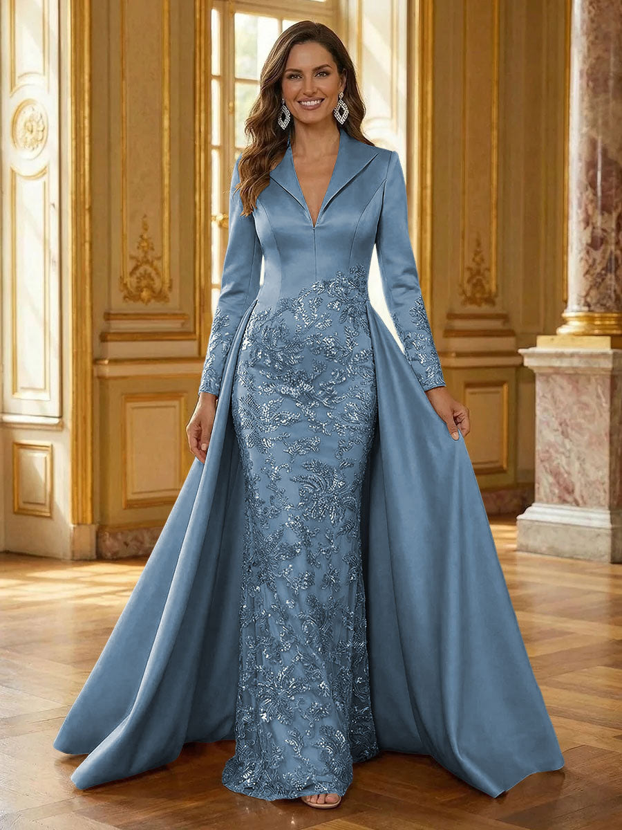 Mother of the Bride & Groom Dress Formal Gown Corset V Neck Layered Satin