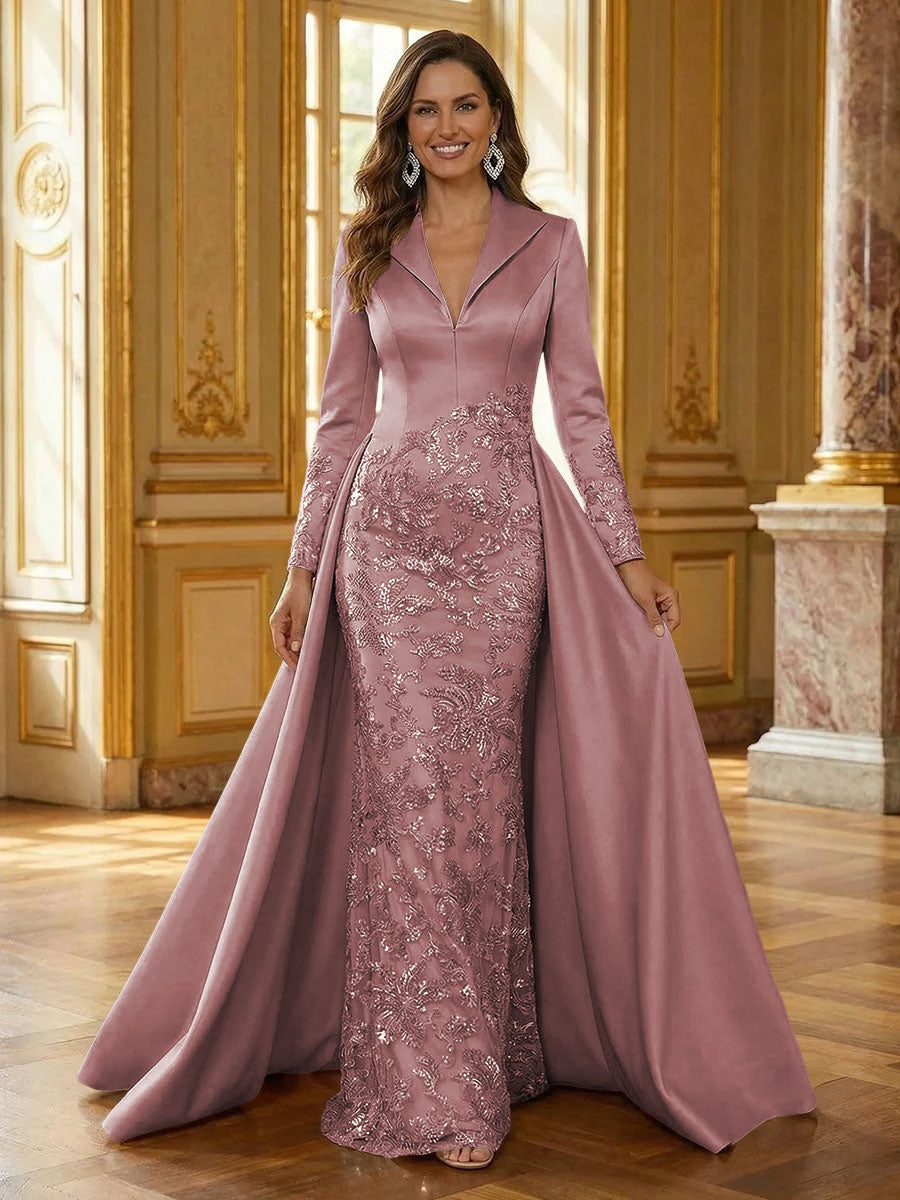Mother of the Bride & Groom Dress Formal Gown Corset V Neck Layered Satin