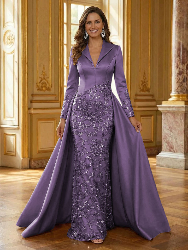 Mother of the Bride & Groom Dress Formal Gown Corset V Neck Layered Satin