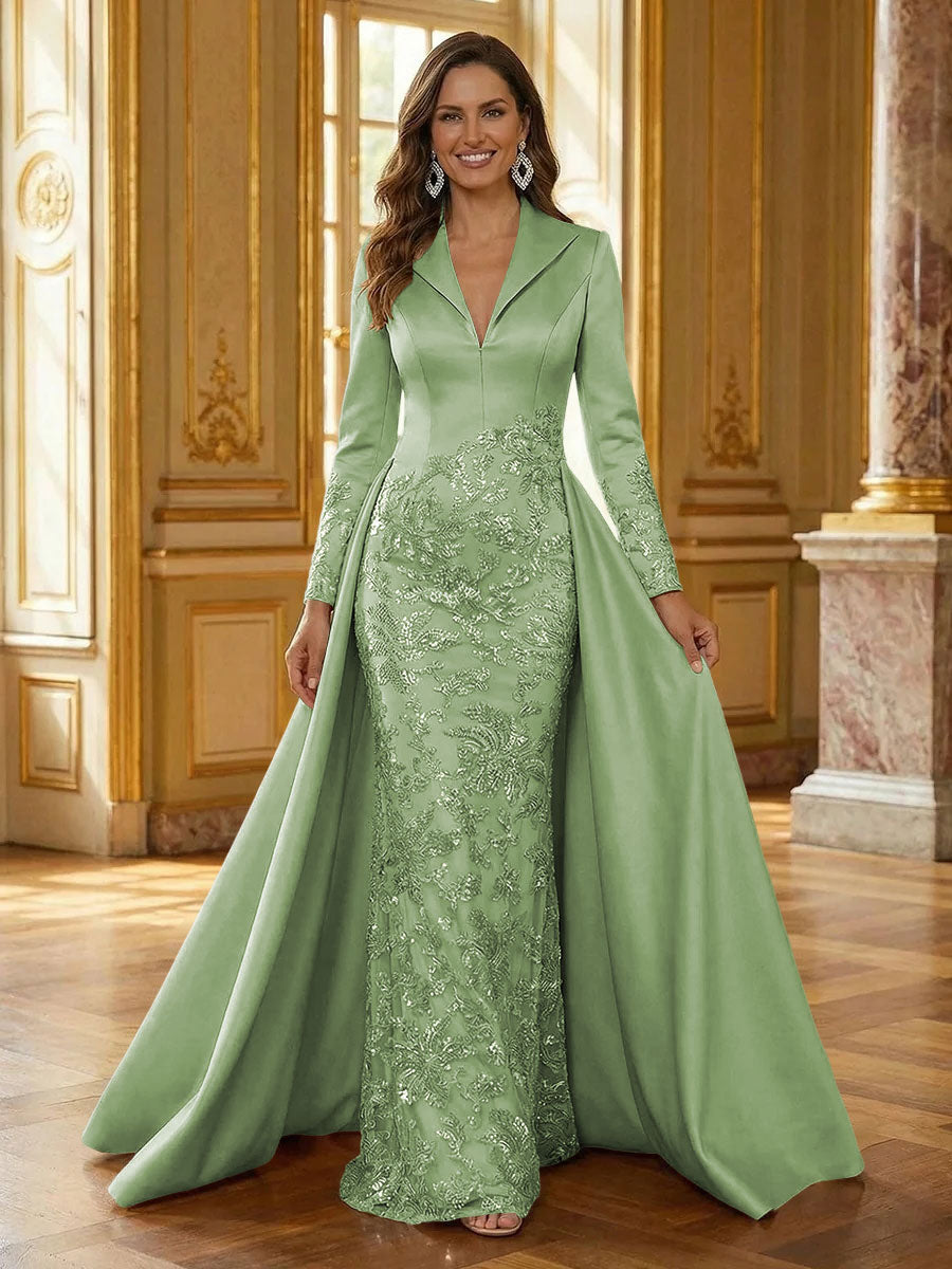 Mother of the Bride & Groom Dress Formal Gown Corset V Neck Layered Satin