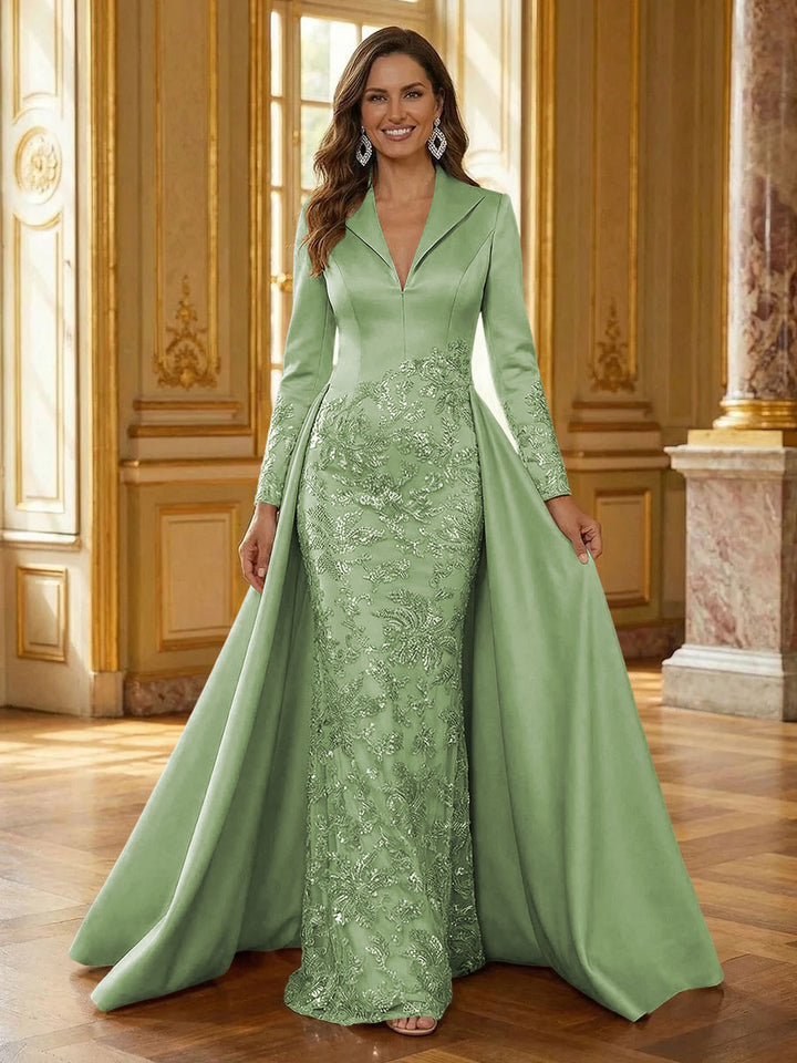 Mother of the Bride & Groom Dress Formal Gown Corset V Neck Layered Satin