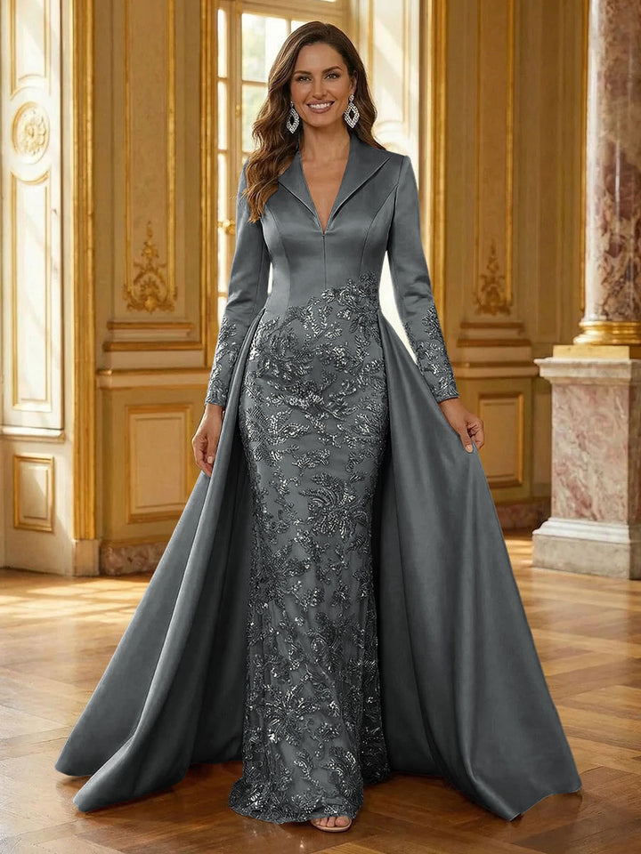 Mother of the Bride & Groom Dress Formal Gown Corset V Neck Layered Satin