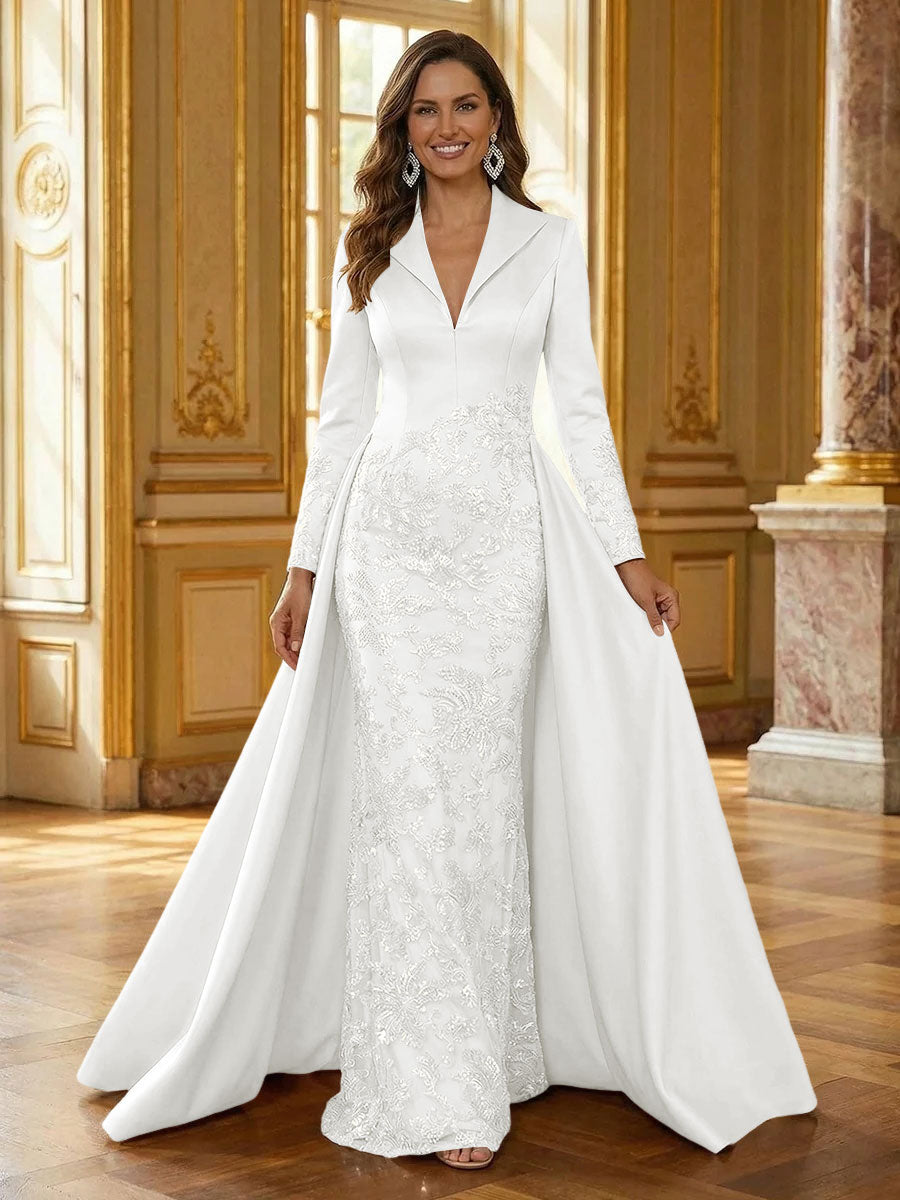 Mother of the Bride & Groom Dress Formal Gown Corset V Neck Layered Satin