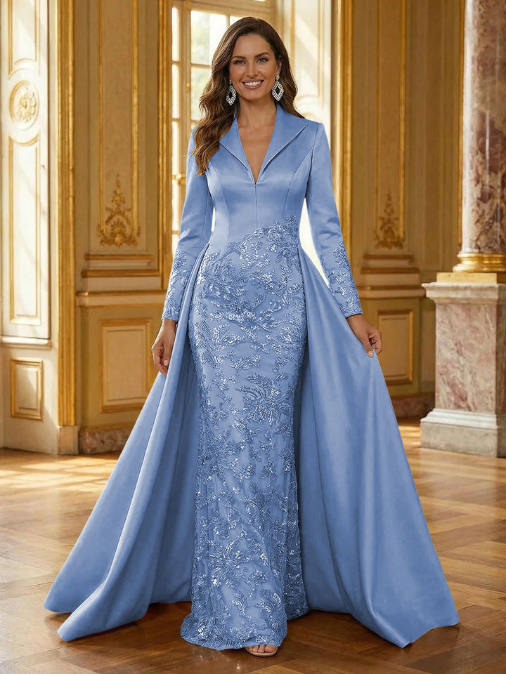 Mother of the Bride & Groom Dress Formal Gown Corset V Neck Layered Satin