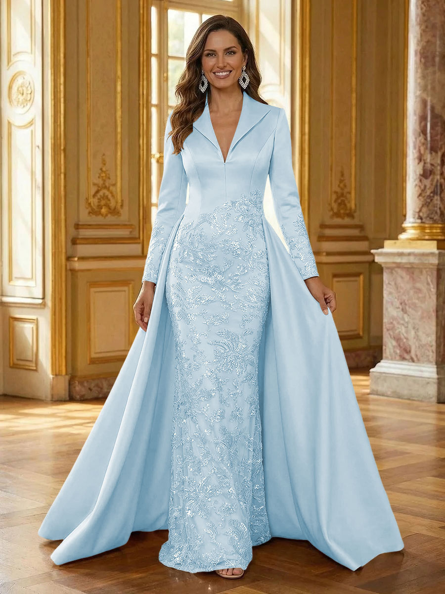 Mother of the Bride & Groom Dress Formal Gown Corset V Neck Layered Satin