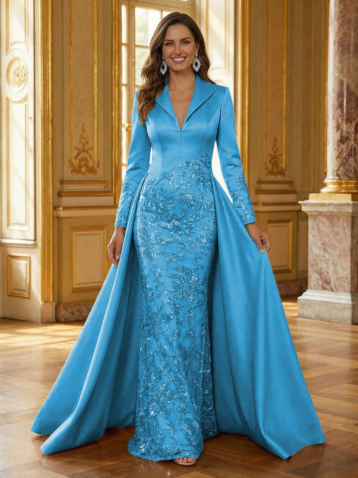 Mother of the Bride & Groom Dress Formal Gown Corset V Neck Layered Satin