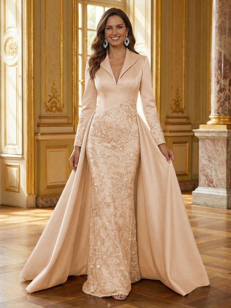 Mother of the Bride & Groom Dress Formal Gown Corset V Neck Layered Satin