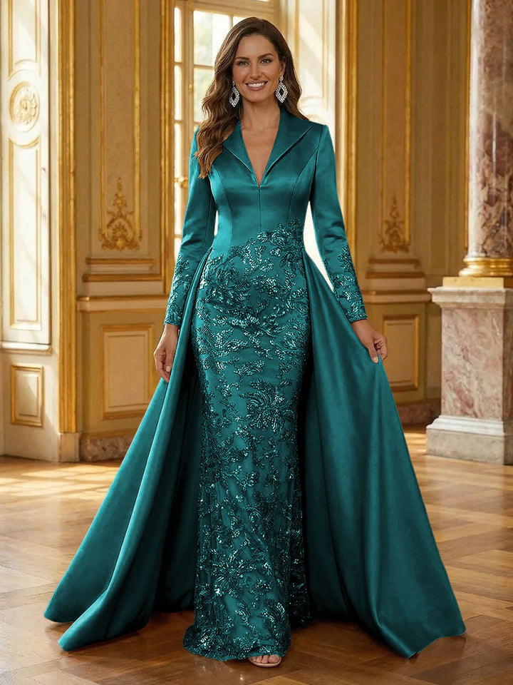 Mother of the Bride & Groom Dress Formal Gown Corset V Neck Layered Satin