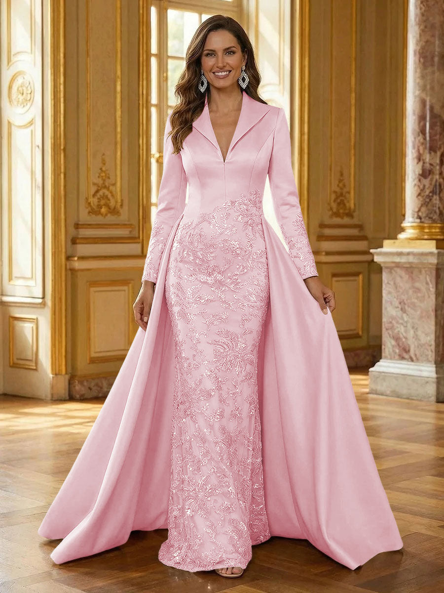 Mother of the Bride & Groom Dress Formal Gown Corset V Neck Layered Satin