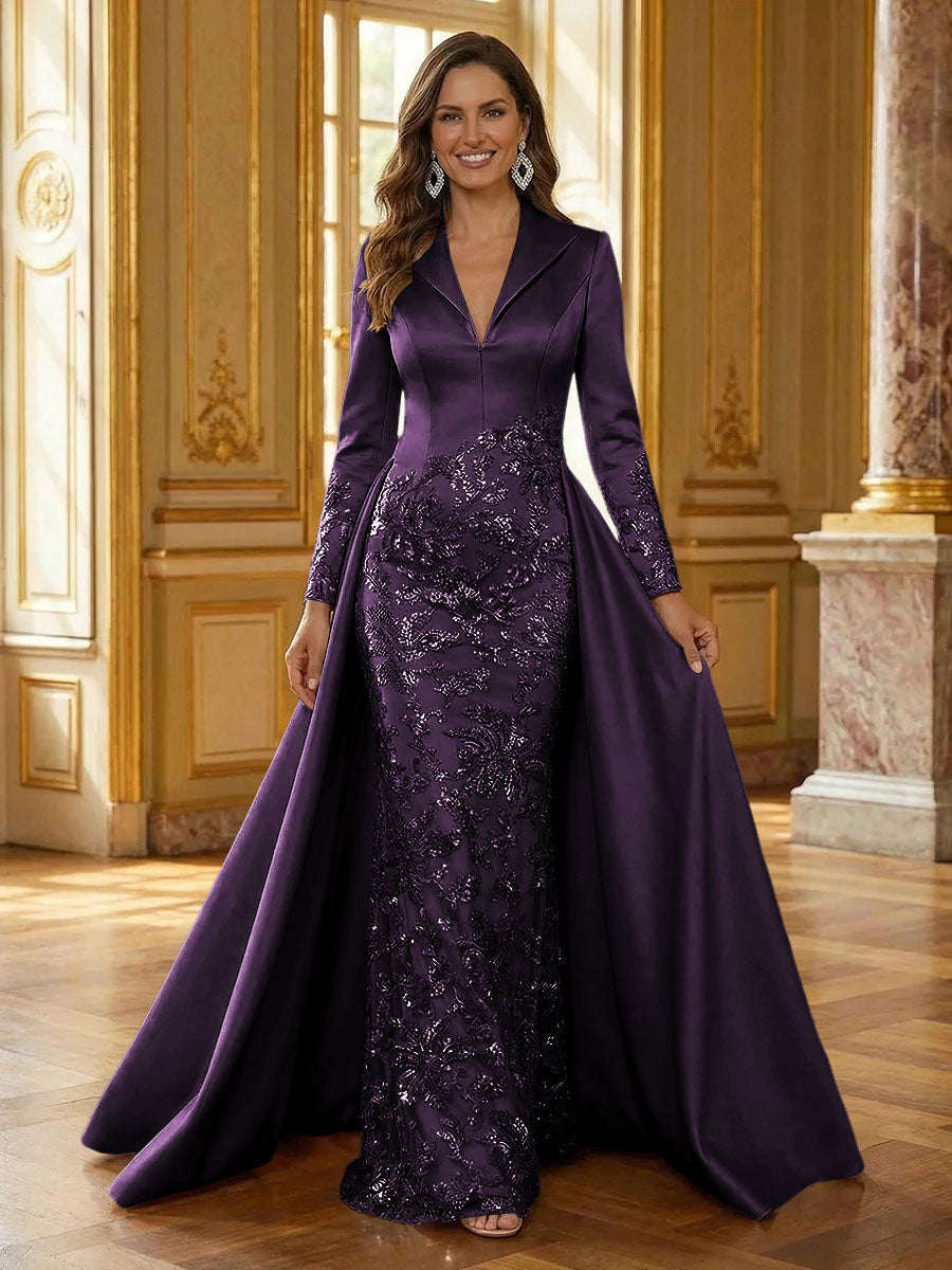 Mother of the Bride & Groom Dress Formal Gown Corset V Neck Layered Satin